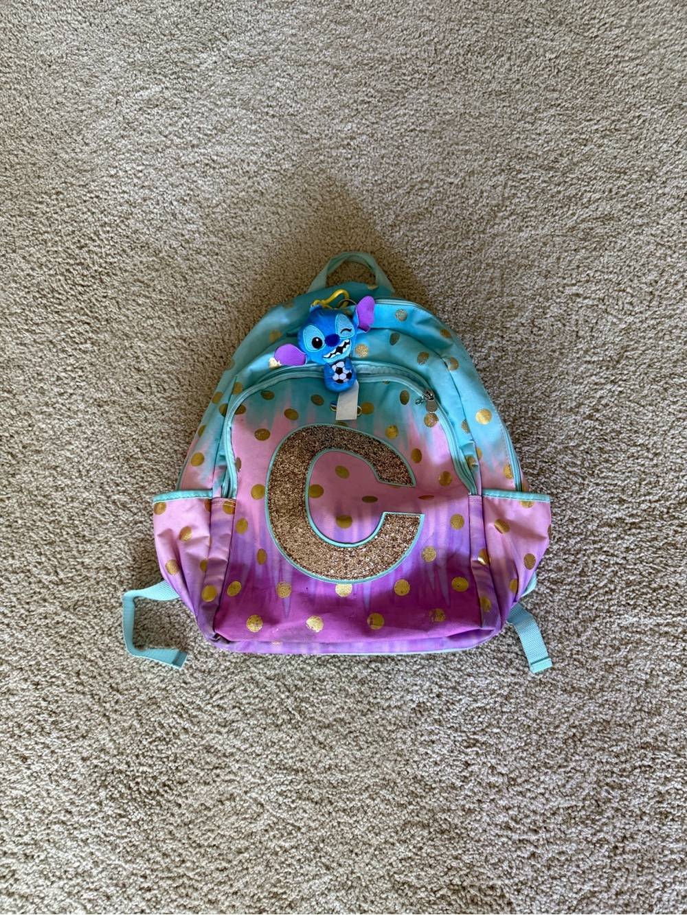 Kids Gradient Pink & Teal Backpack with Gold Dots - Personalized "C"